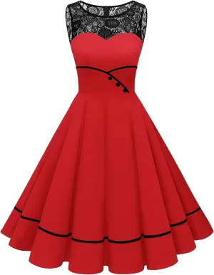 Bbonlinedress Women's 50s Vintage Floral Lace Retro Rockabilly Sleeveless Round Neck Cocktail Party Swing Dress
