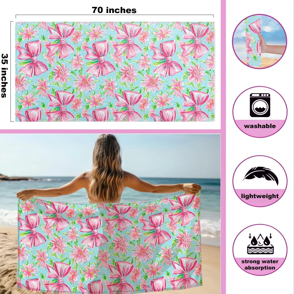 Beach Bags for Women, Beach Towel, Wet Bag Cosmetic Bag, Pool Waterproof Shoulder Tote Bags, Pocket Zipper Summer Travel Essentials, Gifts for Women Birthday - Pink Bow and Flower（3-Piece Set）