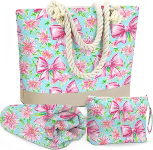 Beach Bags for Women, Beach Towel, Wet Bag Cosmetic Bag, Pool Waterproof Shoulder Tote Bags, Pocket Zipper Summer Travel Essentials, Gifts for Women Birthday - Pink Bow and Flower（3-Piece Set）