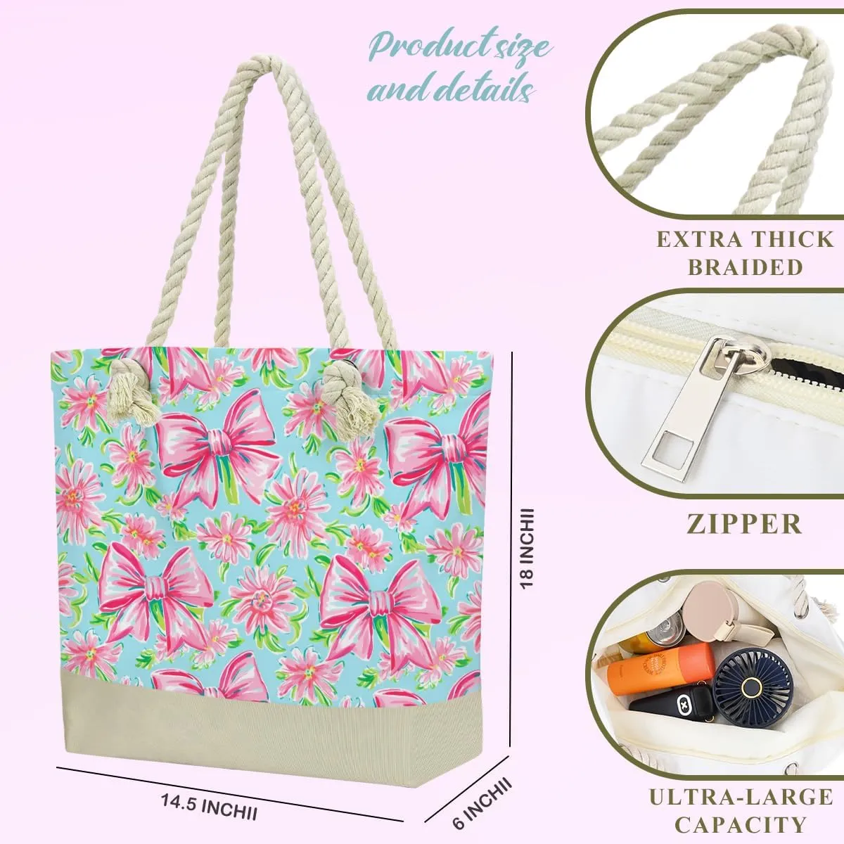 Beach Bags for Women, Beach Towel, Wet Bag Cosmetic Bag, Pool Waterproof Shoulder Tote Bags, Pocket Zipper Summer Travel Essentials, Gifts for Women Birthday - Pink Bow and Flower（3-Piece Set）