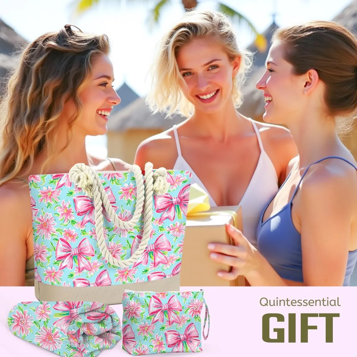 Beach Bags for Women, Beach Towel, Wet Bag Cosmetic Bag, Pool Waterproof Shoulder Tote Bags, Pocket Zipper Summer Travel Essentials, Gifts for Women Birthday - Pink Bow and Flower（3-Piece Set）