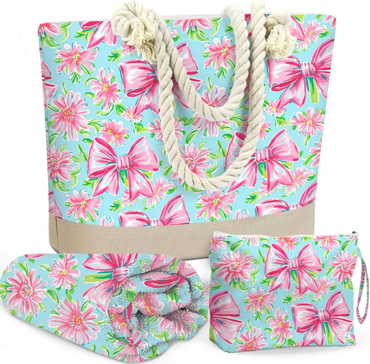 Beach Bags for Women, Beach Towel, Wet Bag Cosmetic Bag, Pool Waterproof Shoulder Tote Bags, Pocket Zipper Summer Travel Essentials, Gifts for Women Birthday - Pink Bow and Flower（3-Piece Set）