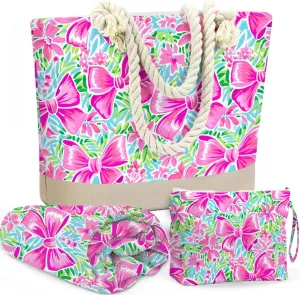 Beach Bags for Women, Beach Towel, Wet Bag Cosmetic Bag, Pool Waterproof Shoulder Tote Bags, Pocket Zipper Summer Travel Essentials, Gifts for Women Birthday - Pink Bow Flower (3-Piece Set)