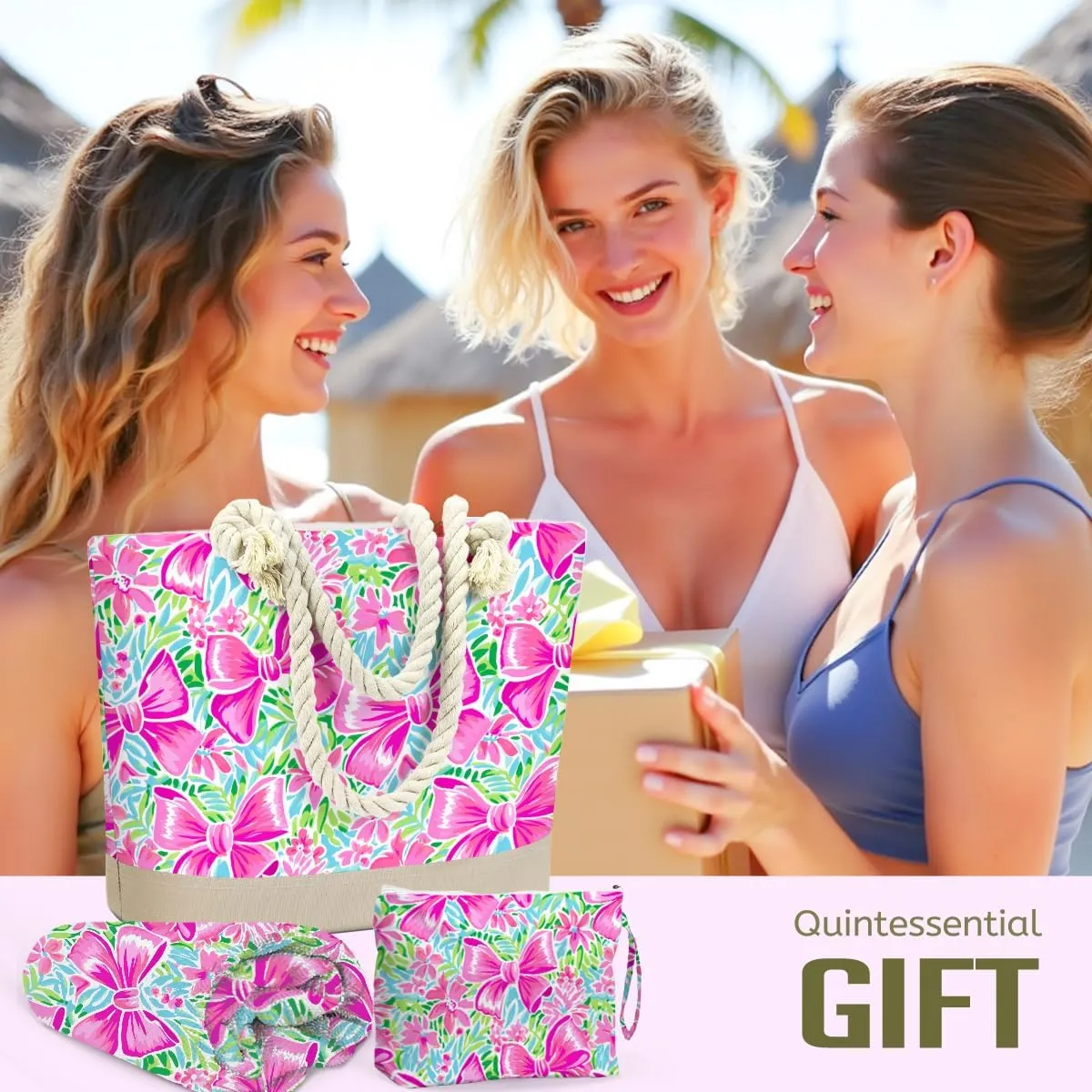 Beach Bags for Women, Beach Towel, Wet Bag Cosmetic Bag, Pool Waterproof Shoulder Tote Bags, Pocket Zipper Summer Travel Essentials, Gifts for Women Birthday - Pink Bow Flower (3-Piece Set)