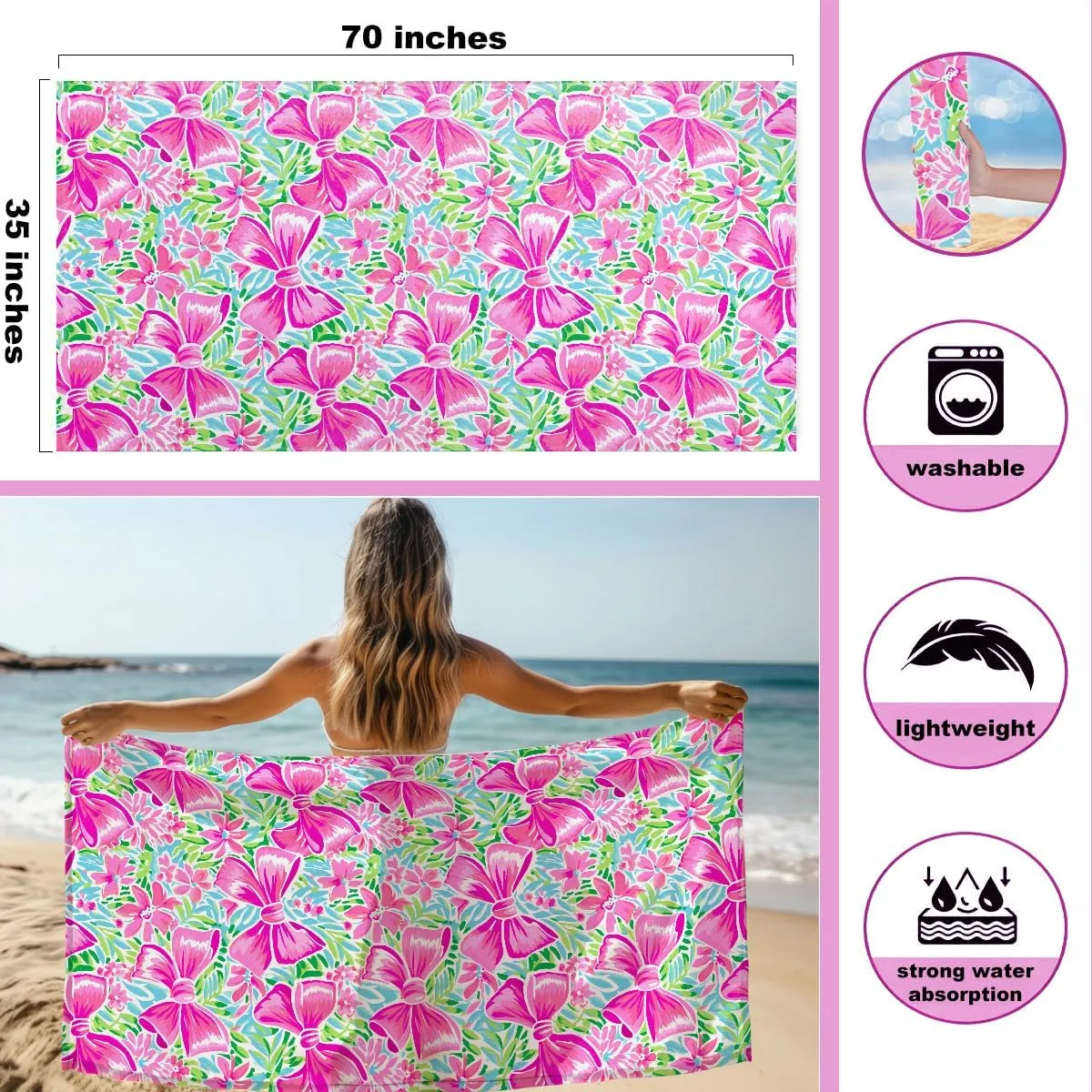 Beach Bags for Women, Beach Towel, Wet Bag Cosmetic Bag, Pool Waterproof Shoulder Tote Bags, Pocket Zipper Summer Travel Essentials, Gifts for Women Birthday - Pink Bow Flower (3-Piece Set)