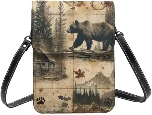 Bear Footprints Tree Rustic Cabin Collage Brown Vintage Crossbody Cell Phone Purse For Women Teen Girls Leather Small Crossbody Bag Mini Phone Pouch Purse, 7.5x5.3 Inches