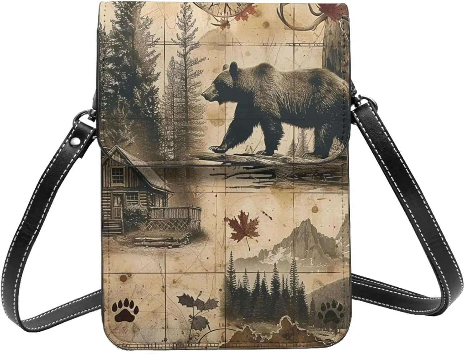 Bear Footprints Tree Rustic Cabin Collage Brown Vintage Crossbody Cell Phone Purse For Women Teen Girls Leather Small Crossbody Bag Mini Phone Pouch Purse, 7.5x5.3 Inches