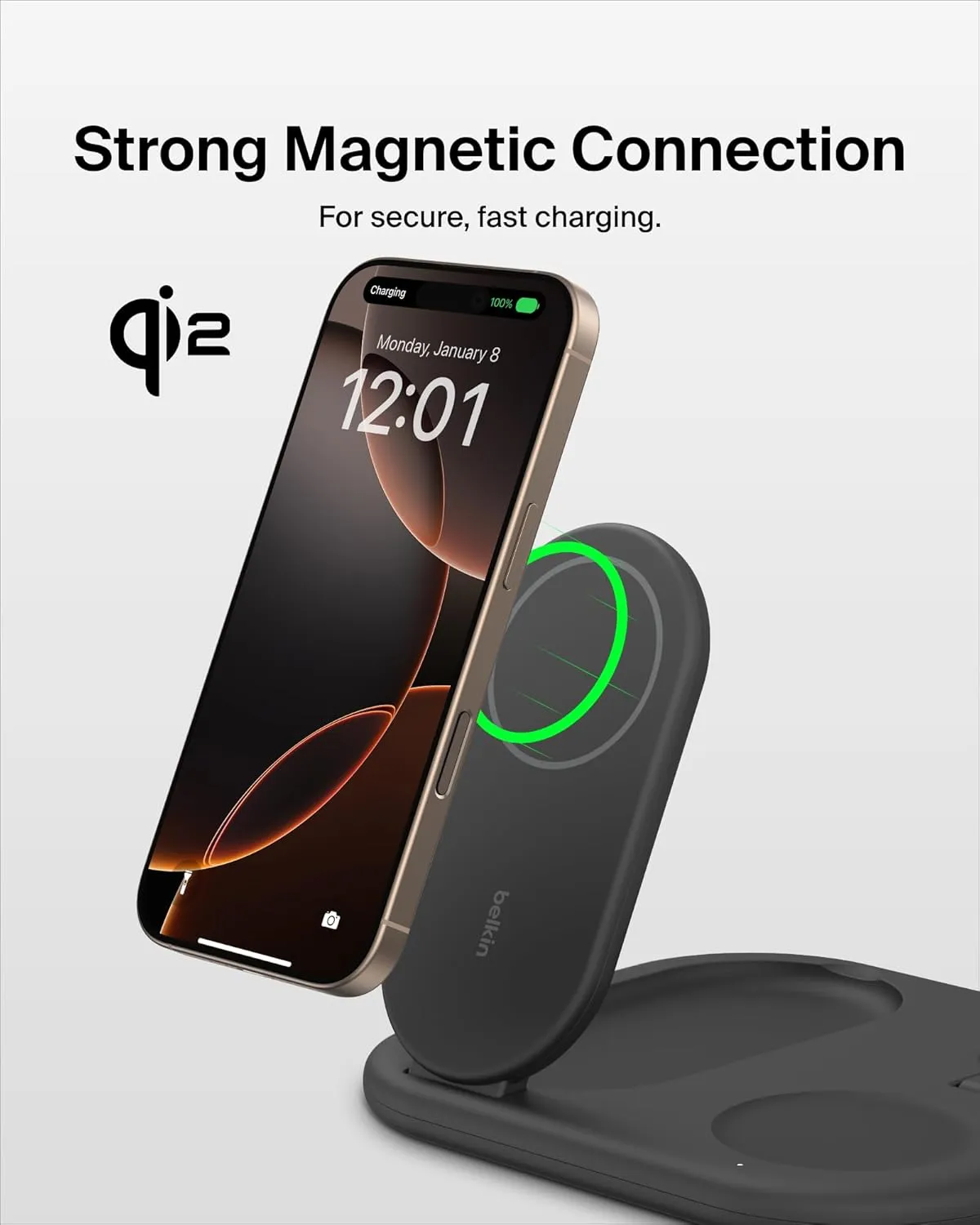 Belkin 3-in-1 MagSafe-Compatible iPhone Charger 15W, Foldable Magnetic Qi2-Certified Wireless Charging Station for iPhone 16, Apple Watch Series 10, AirPods 4, and More, w/Non-Slip Base & PSU - Black
