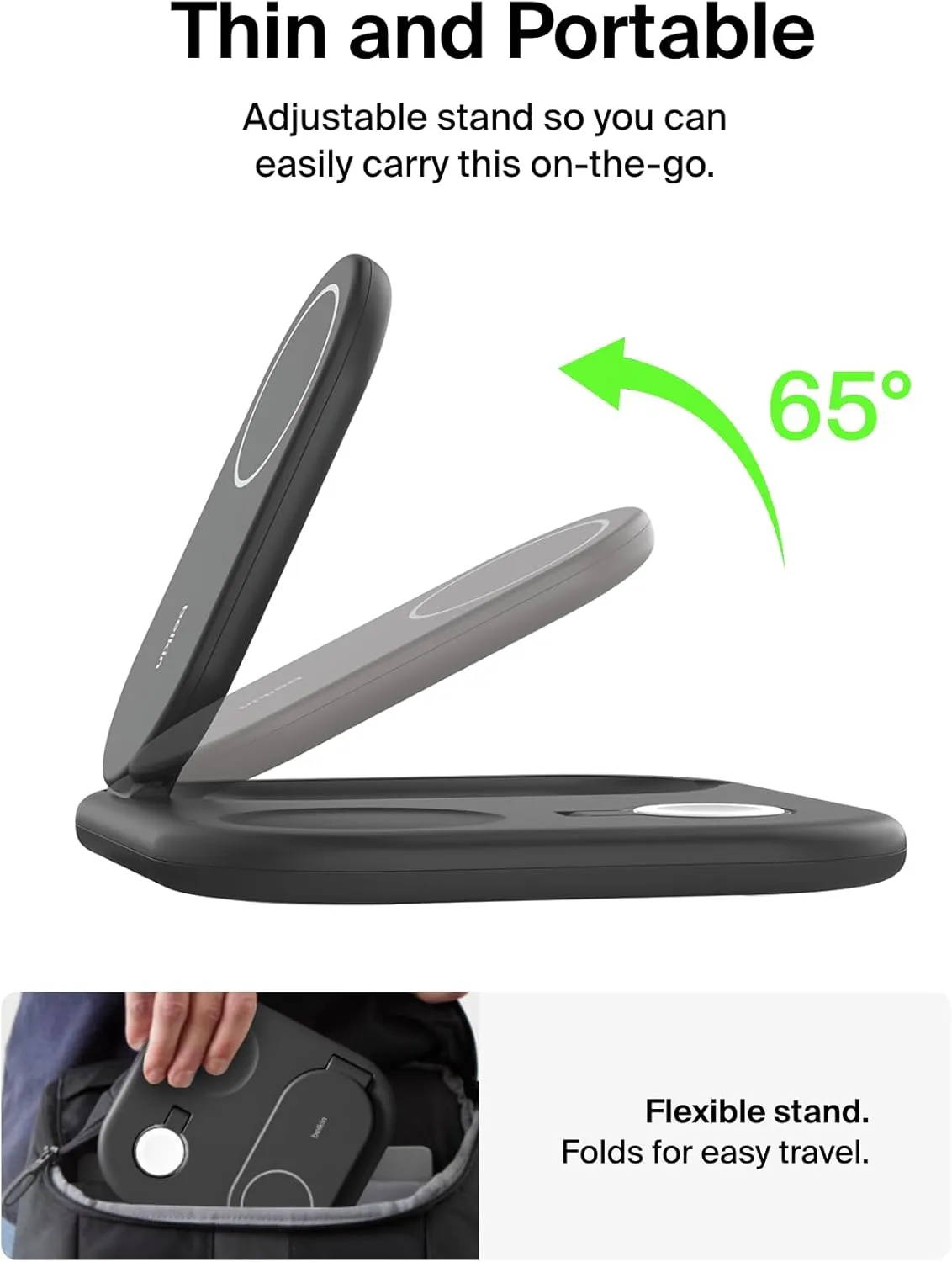 Belkin 3-in-1 MagSafe-Compatible iPhone Charger 15W, Foldable Magnetic Qi2-Certified Wireless Charging Station for iPhone 16, Apple Watch Series 10, AirPods 4, and More, w/Non-Slip Base & PSU - Black