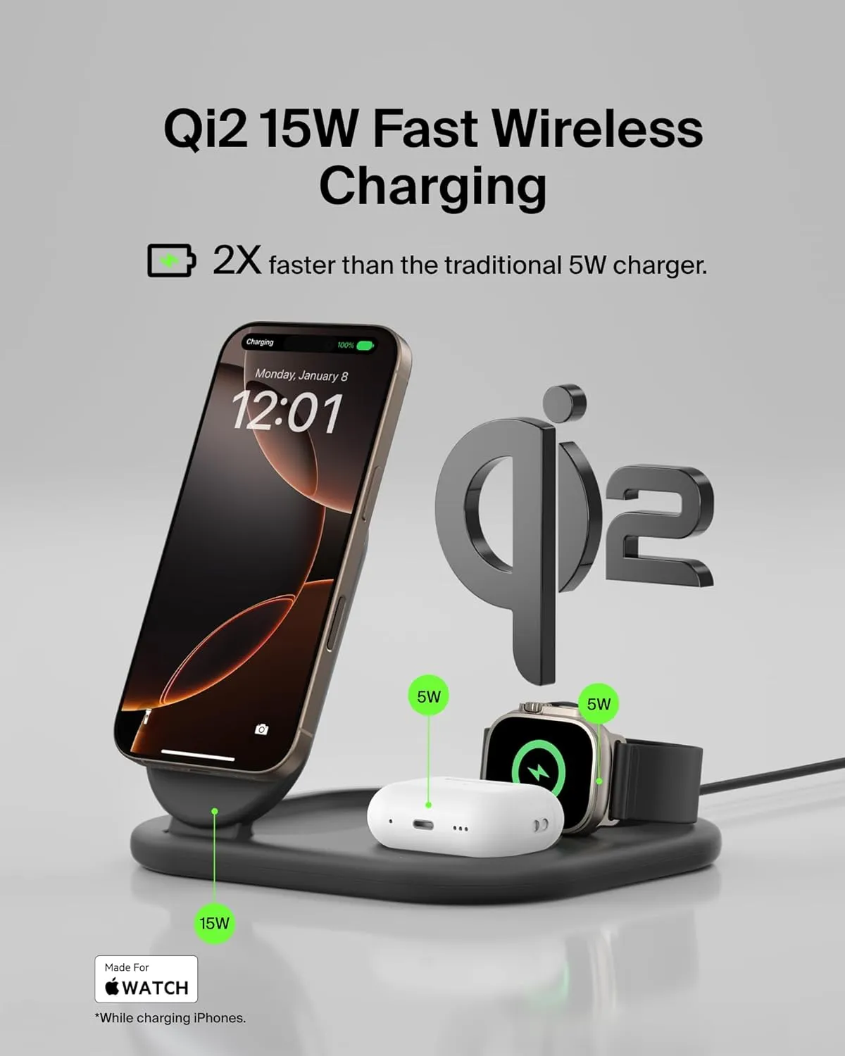 Belkin 3-in-1 MagSafe-Compatible iPhone Charger 15W, Foldable Magnetic Qi2-Certified Wireless Charging Station for iPhone 16, Apple Watch Series 10, AirPods 4, and More, w/Non-Slip Base & PSU - Black
