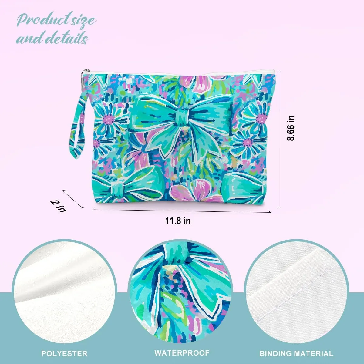 BELLOWDEER Beach Bags for Women, Beach Towel, Wet Bag Cosmetic Bag, Pool Waterproof Shoulder Tote Bags, Pocket Zipper Summer Travel Essentials, Gifts for Women Birthday - Blue Bow (3-Piece Set)