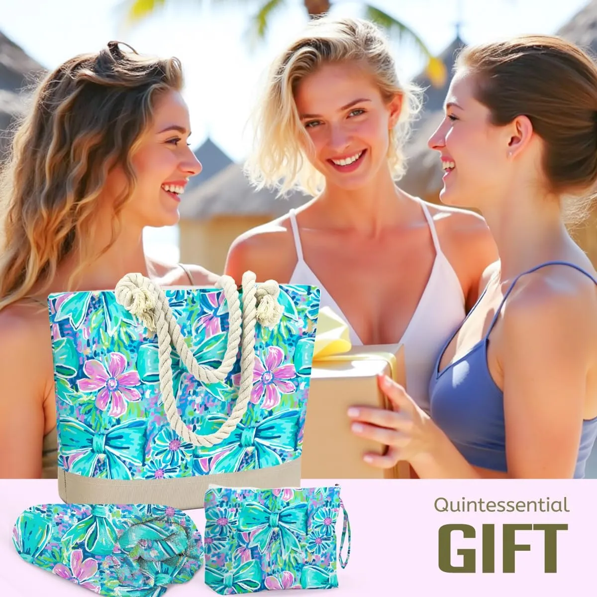 BELLOWDEER Beach Bags for Women, Beach Towel, Wet Bag Cosmetic Bag, Pool Waterproof Shoulder Tote Bags, Pocket Zipper Summer Travel Essentials, Gifts for Women Birthday - Blue Bow (3-Piece Set)