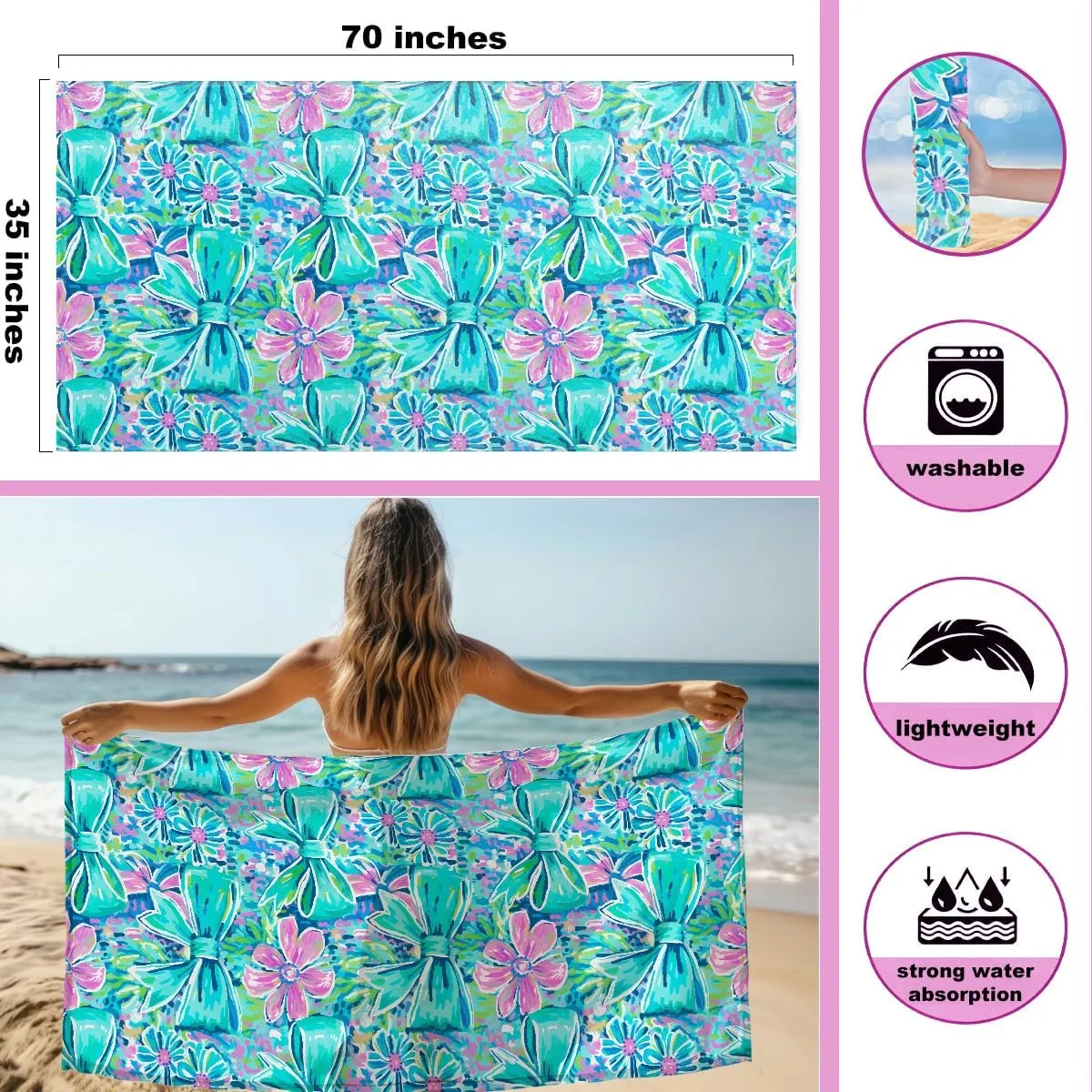 BELLOWDEER Beach Bags for Women, Beach Towel, Wet Bag Cosmetic Bag, Pool Waterproof Shoulder Tote Bags, Pocket Zipper Summer Travel Essentials, Gifts for Women Birthday - Blue Bow (3-Piece Set)