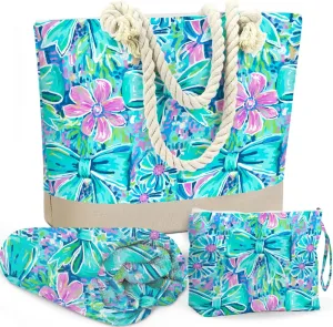 BELLOWDEER Beach Bags for Women, Beach Towel, Wet Bag Cosmetic Bag, Pool Waterproof Shoulder Tote Bags, Pocket Zipper Summer Travel Essentials, Gifts for Women Birthday - Blue Bow (3-Piece Set)