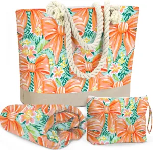 BELLOWDEER Beach Bags for Women, Beach Towel, Wet Bag Cosmetic Bag, Pool Waterproof Shoulder Tote Bags, Pocket Zipper Summer Travel Essentials, Gifts for Women Birthday - Orange Bow (3-Piece Set)