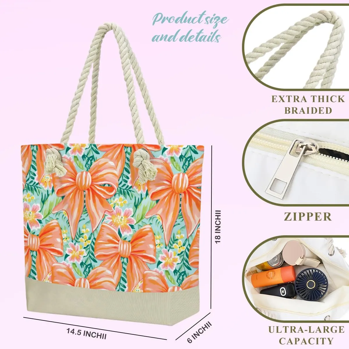 BELLOWDEER Beach Bags for Women, Beach Towel, Wet Bag Cosmetic Bag, Pool Waterproof Shoulder Tote Bags, Pocket Zipper Summer Travel Essentials, Gifts for Women Birthday - Orange Bow (3-Piece Set)