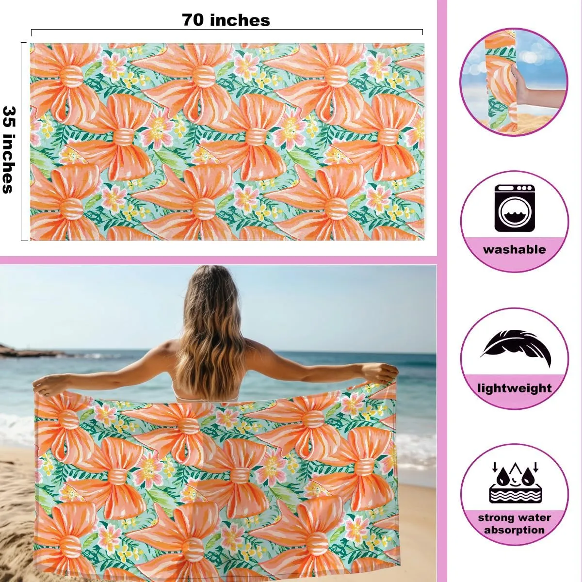BELLOWDEER Beach Bags for Women, Beach Towel, Wet Bag Cosmetic Bag, Pool Waterproof Shoulder Tote Bags, Pocket Zipper Summer Travel Essentials, Gifts for Women Birthday - Orange Bow (3-Piece Set)