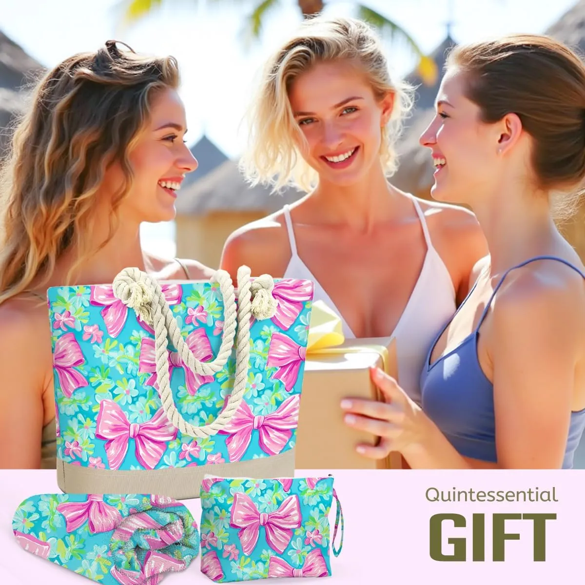 BELLOWDEER Beach Bags for Women, Beach Towel, Wet Bag Cosmetic Bag, Pool Waterproof Shoulder Tote Bags, Pocket Zipper Summer Travel Essentials, Gifts for Women Birthday - Pink Bow （3-Piece Set）