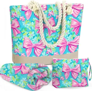 BELLOWDEER Beach Bags for Women, Beach Towel, Wet Bag Cosmetic Bag, Pool Waterproof Shoulder Tote Bags, Pocket Zipper Summer Travel Essentials, Gifts for Women Birthday - Pink Bow （3-Piece Set）