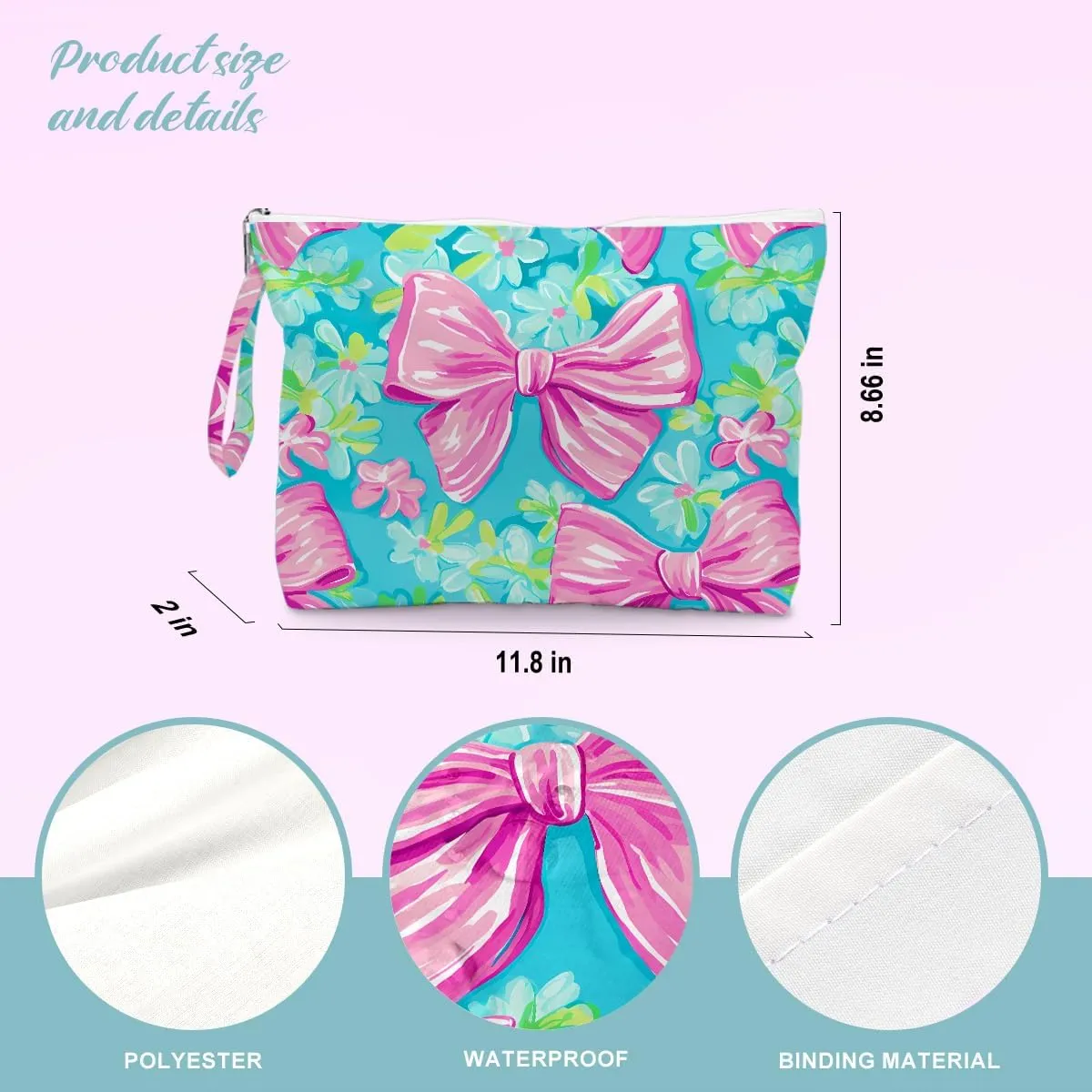 BELLOWDEER Beach Bags for Women, Beach Towel, Wet Bag Cosmetic Bag, Pool Waterproof Shoulder Tote Bags, Pocket Zipper Summer Travel Essentials, Gifts for Women Birthday - Pink Bow （3-Piece Set）