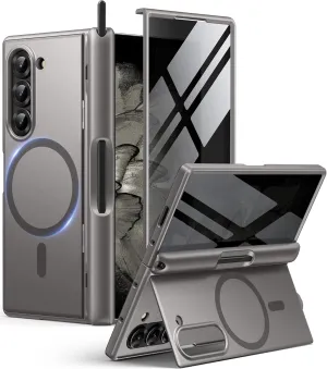BERFY Magnetic for Samsung Galaxy Z Fold 6 Case with Privacy Screen Protector, [Compatible with MagSafe][Anti Spy]Built-in S Pen Holder & Kickstand, Full-Body Shockproof Phone Case for Z Fold 6, Grey