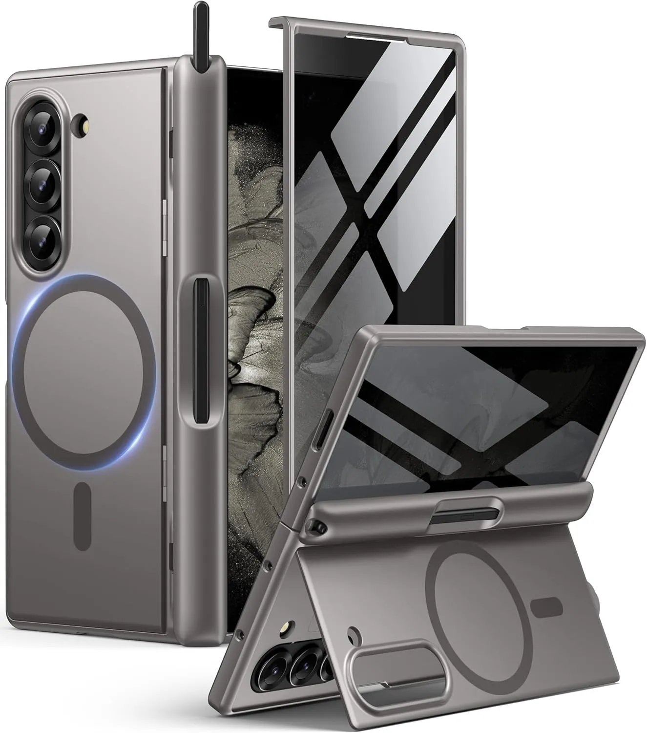 BERFY Magnetic for Samsung Galaxy Z Fold 6 Case with Privacy Screen Protector, [Compatible with MagSafe][Anti Spy]Built-in S Pen Holder & Kickstand, Full-Body Shockproof Phone Case for Z Fold 6, Grey