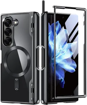 BERFY Upgraded Magnetic for Z Fold 6 Case with S Pen Holder, Compatible with Magsafe,[Built-in Screen Protector & Hinge Protection] Full-Body Plating Slim Phone Case for Samsung Galaxy Z Fold 6, Black