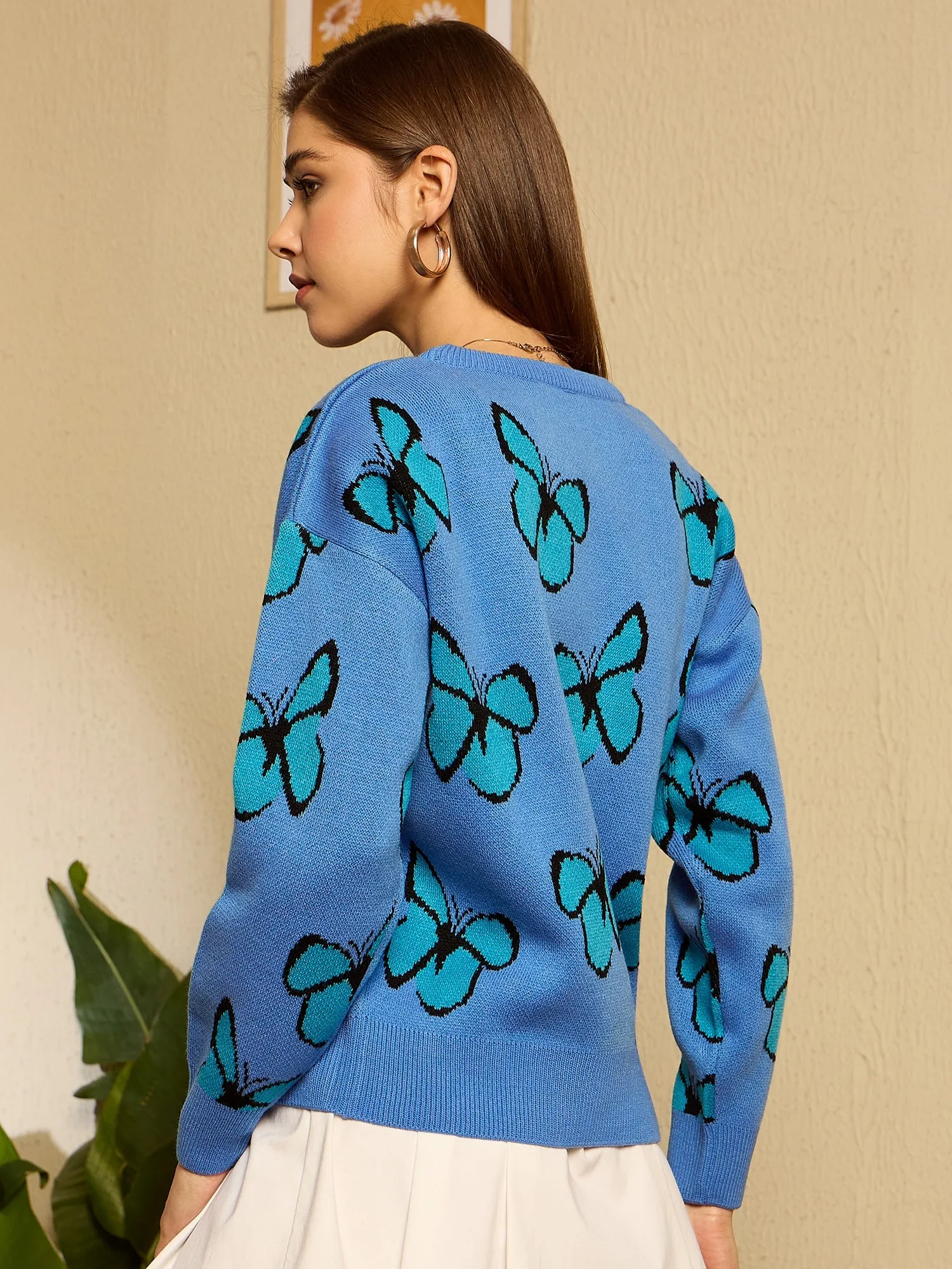 Berrylush Women Blue & Black Butterfly Printed Round Neck Drop-Shoulder Sleeves Acrylic Ribbed Hem Regular Pullover