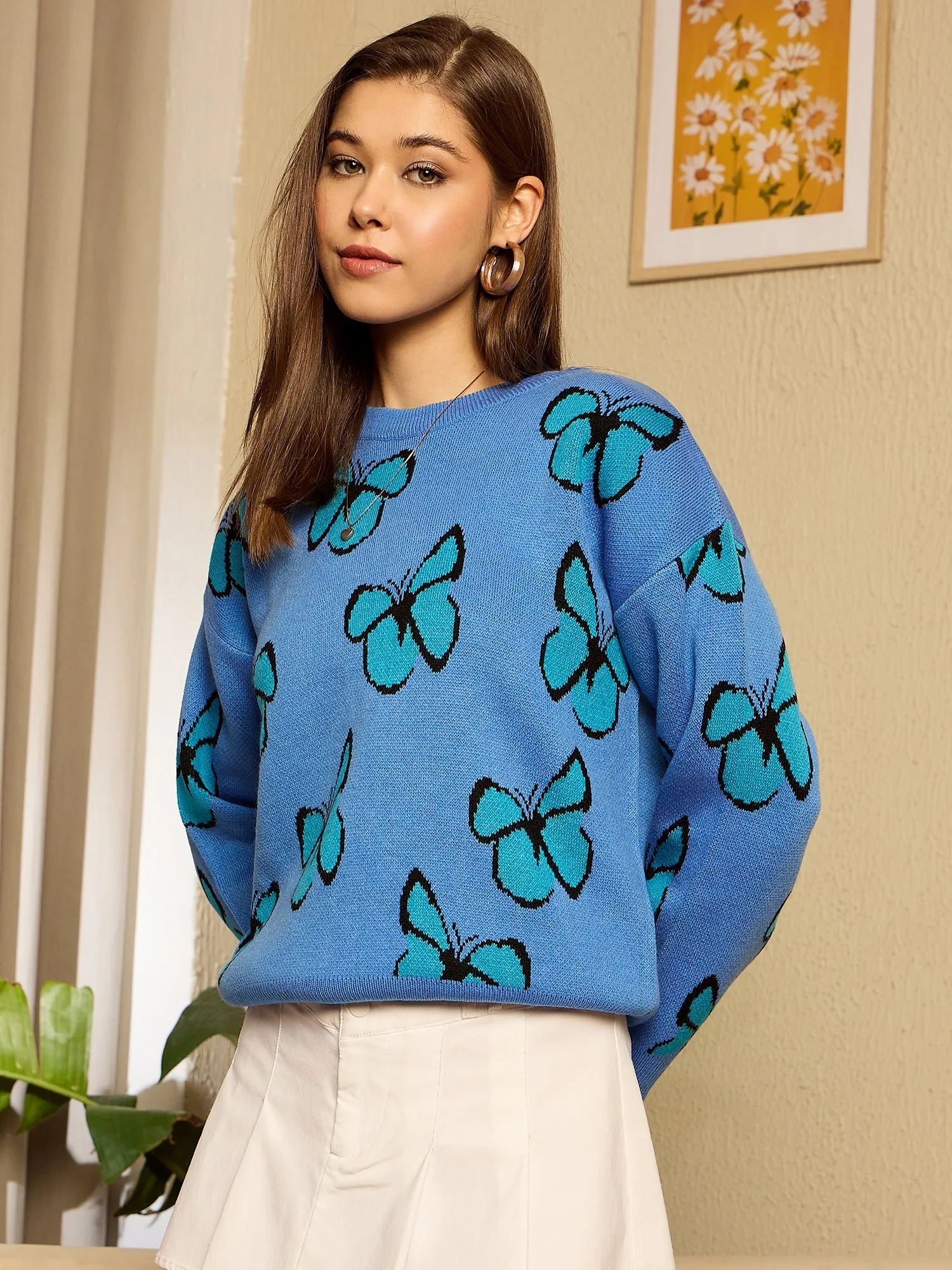 Berrylush Women Blue & Black Butterfly Printed Round Neck Drop-Shoulder Sleeves Acrylic Ribbed Hem Regular Pullover