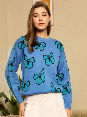 Berrylush Women Blue & Black Butterfly Printed Round Neck Drop-Shoulder Sleeves Acrylic Ribbed Hem Regular Pullover