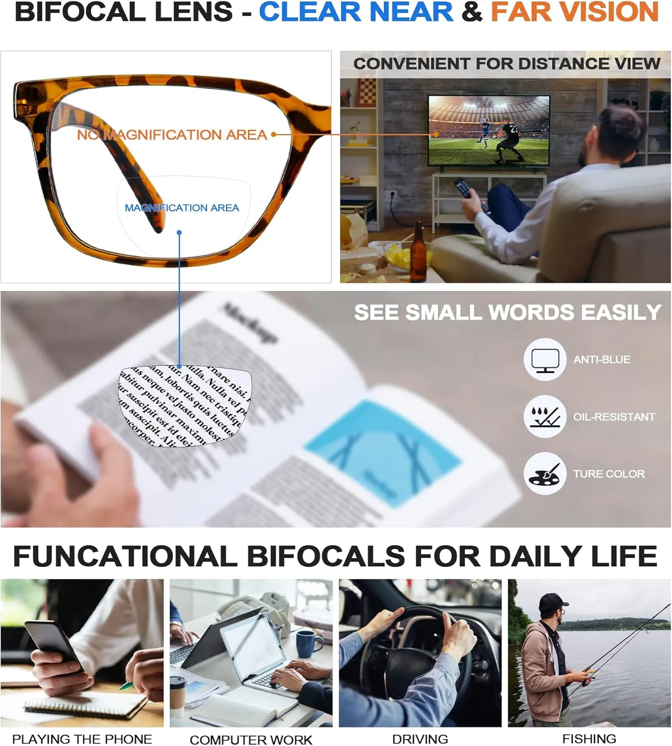Bifocal Reading Glasses Men Blue Light Blocking Computer Readers 1.0 1.25 1.5 1.75 2.0 2.25 2.5 2.75 3.0 3.25 3.5