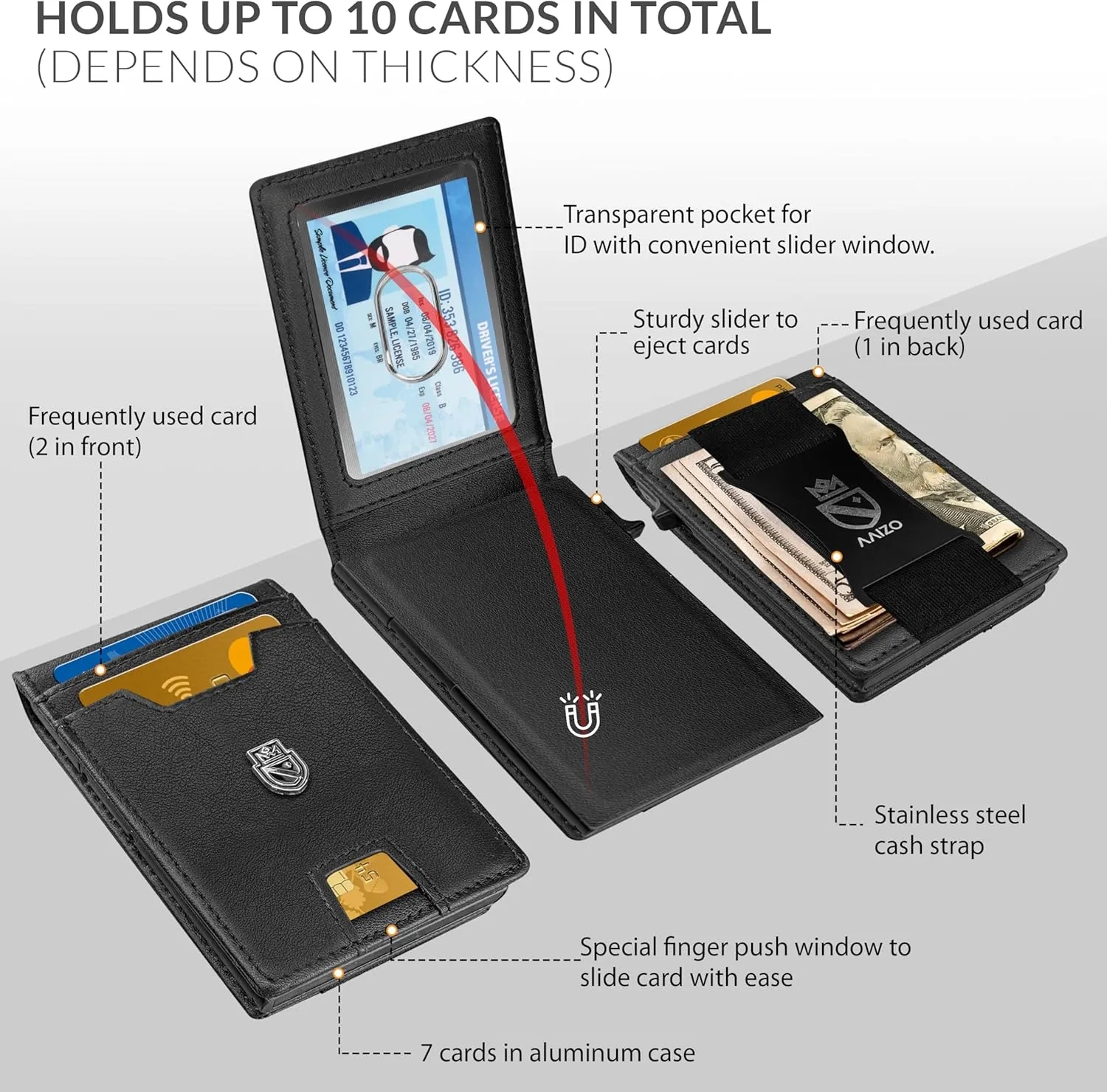 Bifold Wallet for Men | Pop Up Slim Metal Aluminum Wallet | NFC RFID Blocking | Credit Card Holder | Minimalist Mens Wallet with Window ID | Smart Wallet | Cash Strap | Gifts for Men (Black)