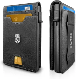 Bifold Wallet for Men | Pop Up Slim Metal Aluminum Wallet | NFC RFID Blocking | Credit Card Holder | Minimalist Mens Wallet with Window ID | Smart Wallet | Cash Strap | Gifts for Men (Black)