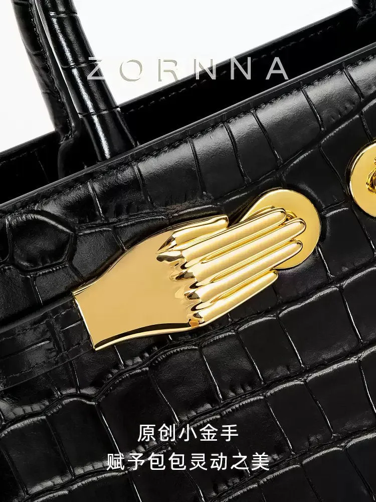 Black Croc-Effect Leather Small Tote
