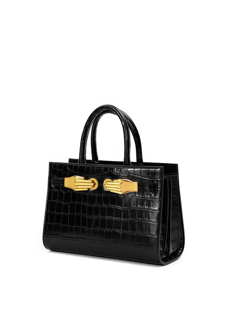 Black Croc-Effect Leather Small Tote