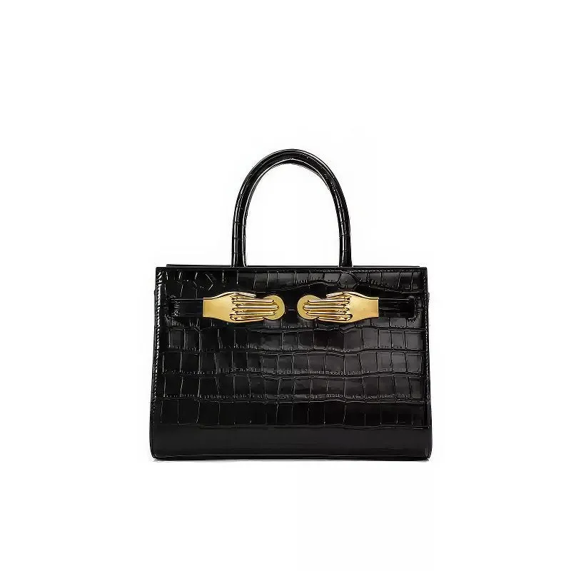 Black Croc-Effect Leather Small Tote