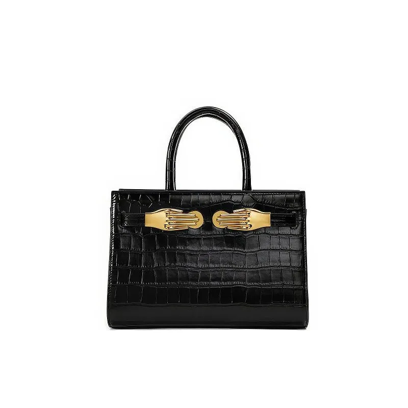 Black Croc-Effect Leather Small Tote