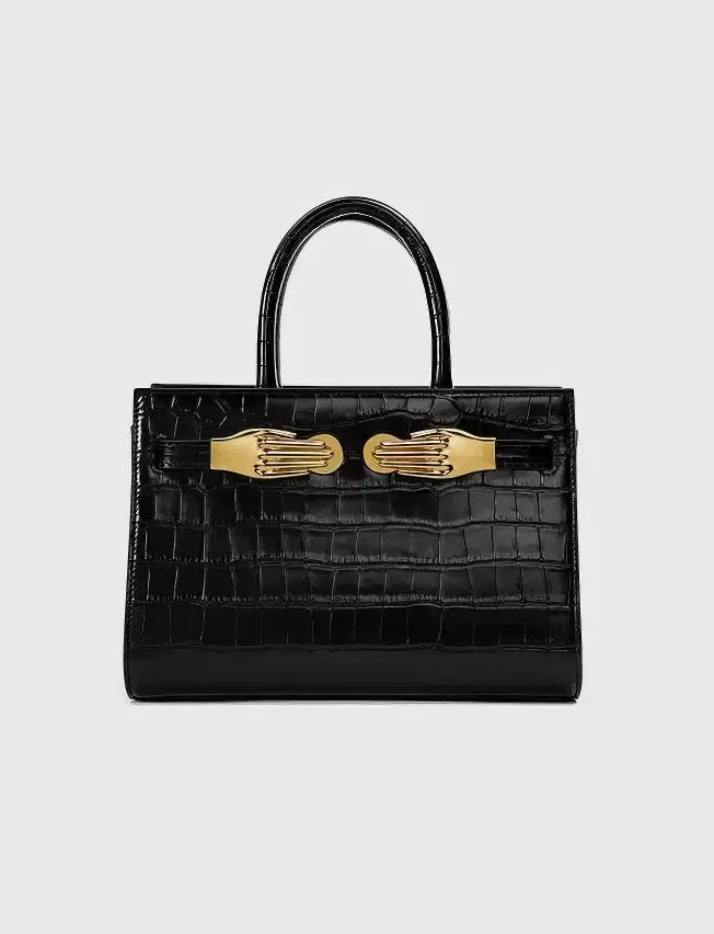 Black Croc-Effect Leather Small Tote