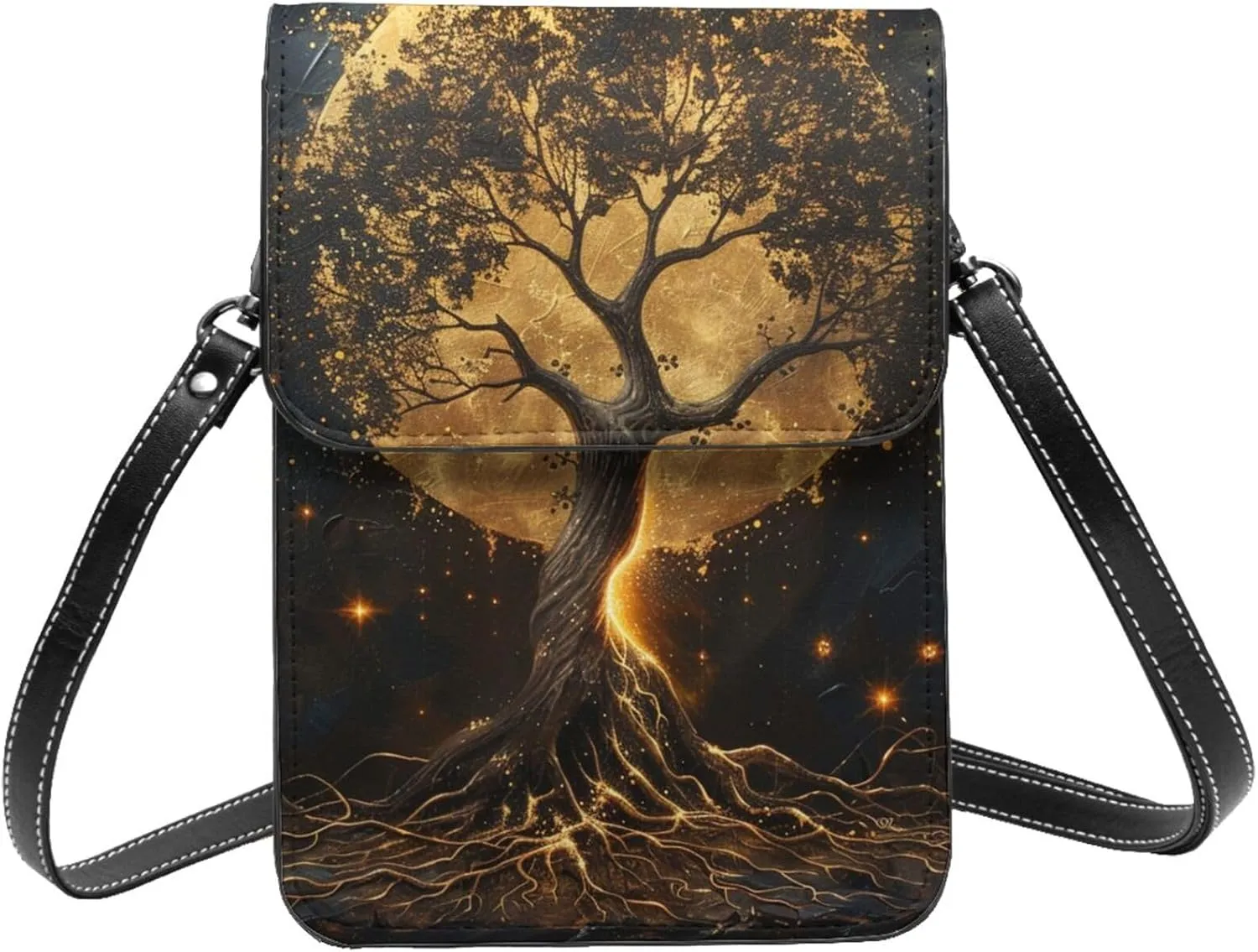 Black Gold Tree Of Life Myth Beautiful Crossbody Cell Phone Purse For Women Teen Girls Leather Small Crossbody Bag Mini Phone Pouch Purse, 7.5x5.3 Inches