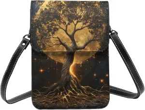 Black Gold Tree Of Life Myth Beautiful Crossbody Cell Phone Purse For Women Teen Girls Leather Small Crossbody Bag Mini Phone Pouch Purse, 7.5x5.3 Inches