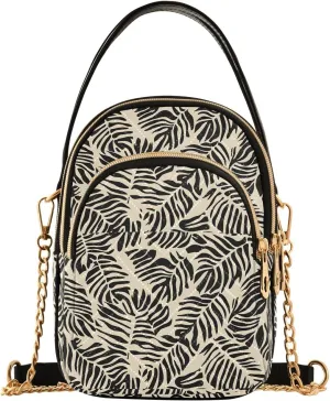 Black Leaves Pattern Shoulder Handbag for Girls Stylish Crossbody Handbags with Detachable Chain Shoulder Strap