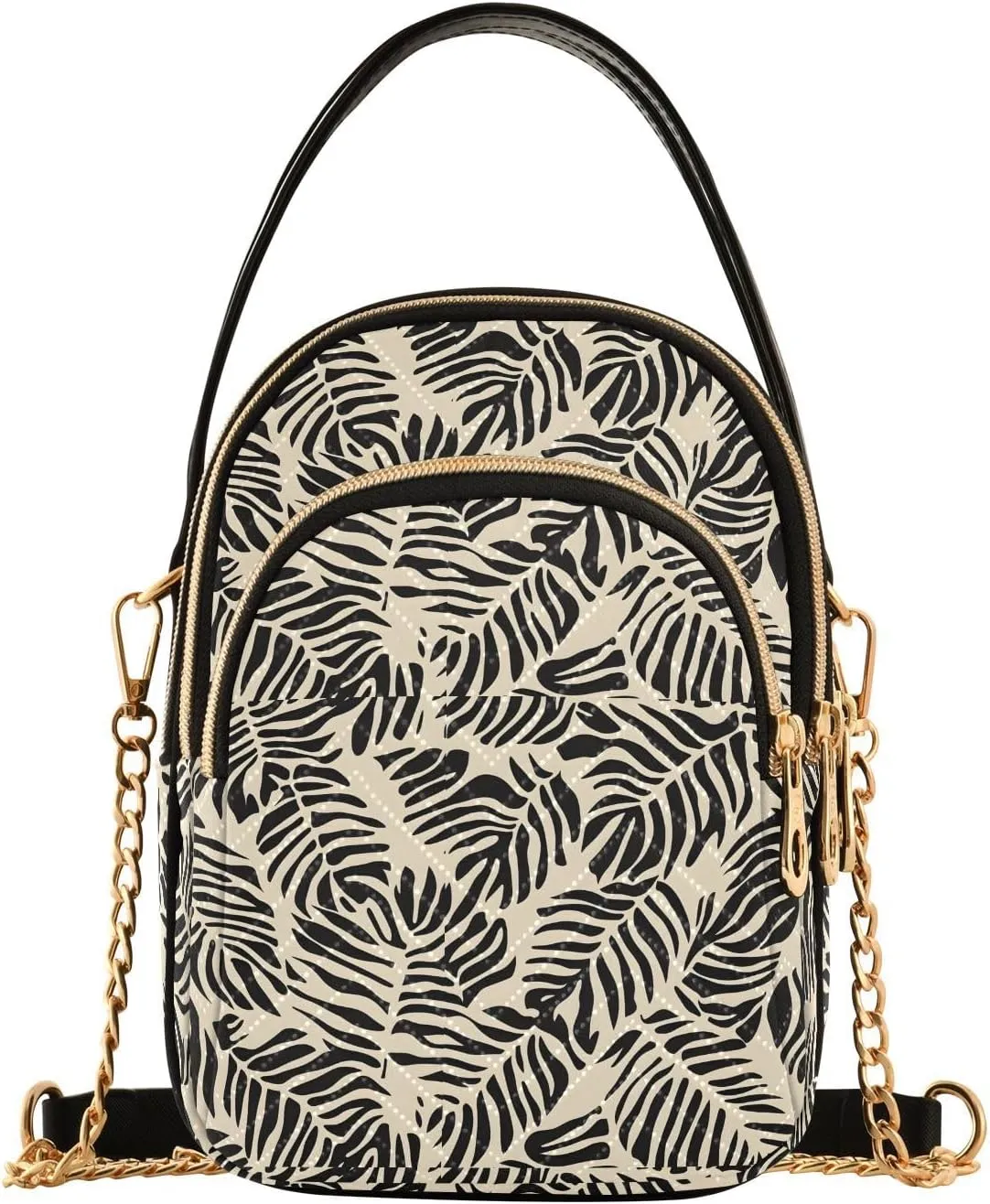 Black Leaves Pattern Shoulder Handbag for Girls Stylish Crossbody Handbags with Detachable Chain Shoulder Strap