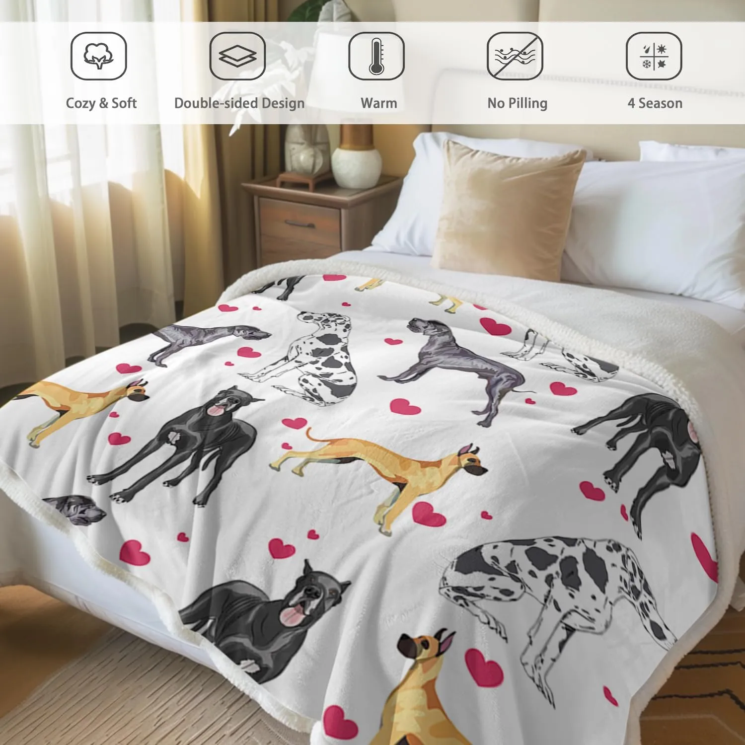 BlessLiving Great Dane Dog Blanket Red Heart Puppy Print Sherpa Fleece Throw Blanket Funny Dog Portrait Plush Blankets (Twin, 60 x 80 Inches)