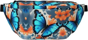 Blue Butterfly Fanny Pack Crossbody Sling Bag â€“ Zipper Pockets for Travel, Hiking, Cycling, Workouts, and Everyday Use