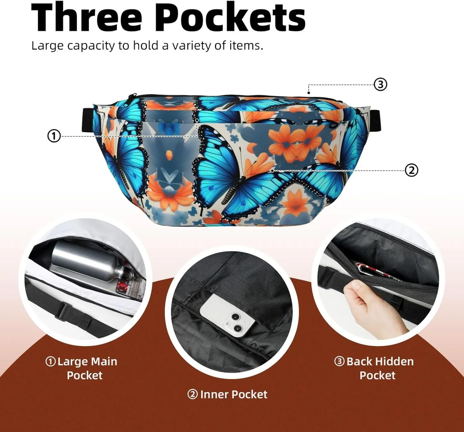 Blue Butterfly Fanny Pack Crossbody Sling Bag â€“ Zipper Pockets for Travel, Hiking, Cycling, Workouts, and Everyday Use