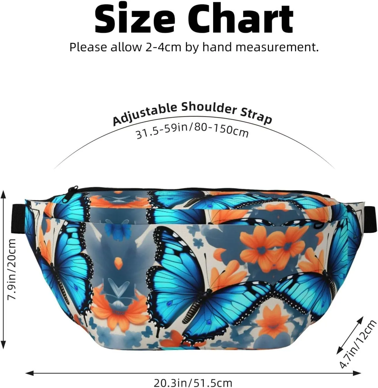 Blue Butterfly Fanny Pack Crossbody Sling Bag â€“ Zipper Pockets for Travel, Hiking, Cycling, Workouts, and Everyday Use