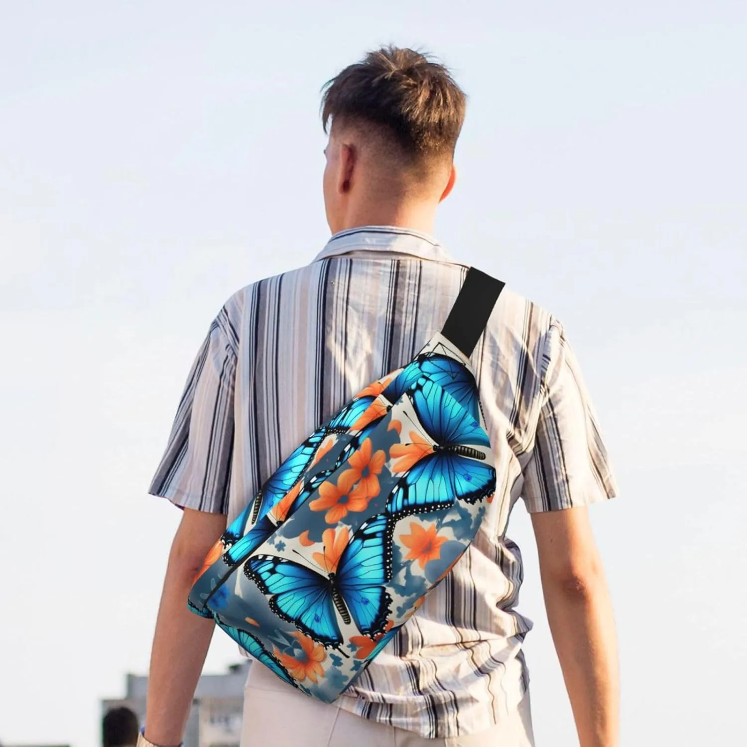 Blue Butterfly Fanny Pack Crossbody Sling Bag â€“ Zipper Pockets for Travel, Hiking, Cycling, Workouts, and Everyday Use
