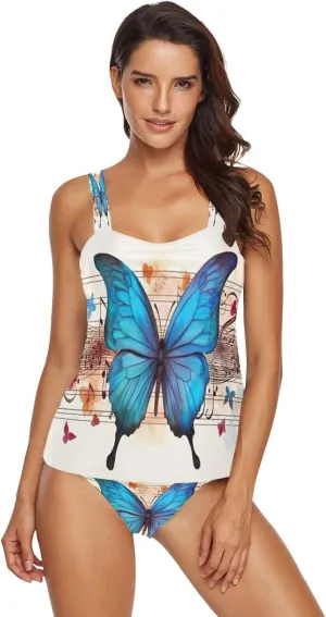 Blue Butterfly Wings Tankini Swimsuits for Women Two Piece Bathing Suits Tummy Control Swimwear