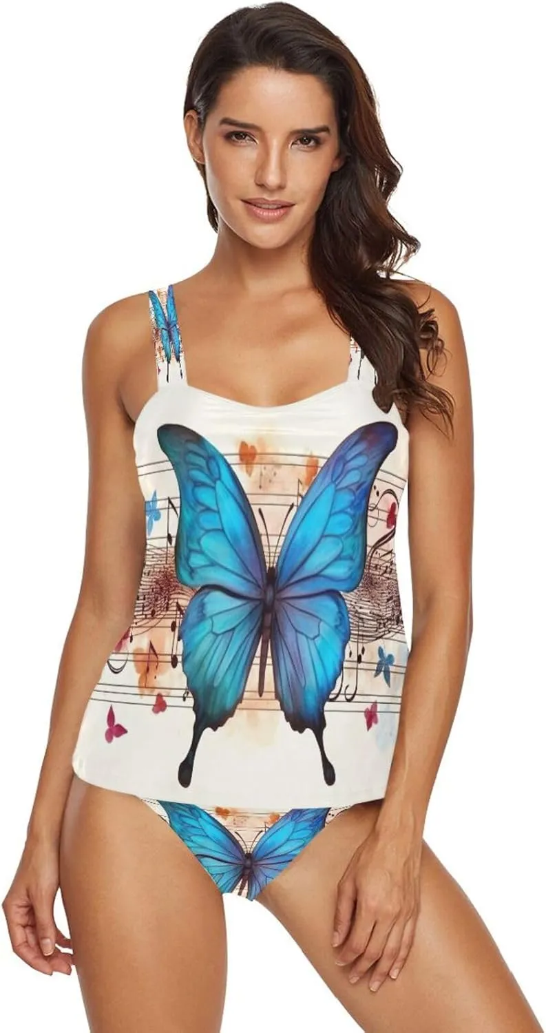 Blue Butterfly Wings Tankini Swimsuits for Women Two Piece Bathing Suits Tummy Control Swimwear