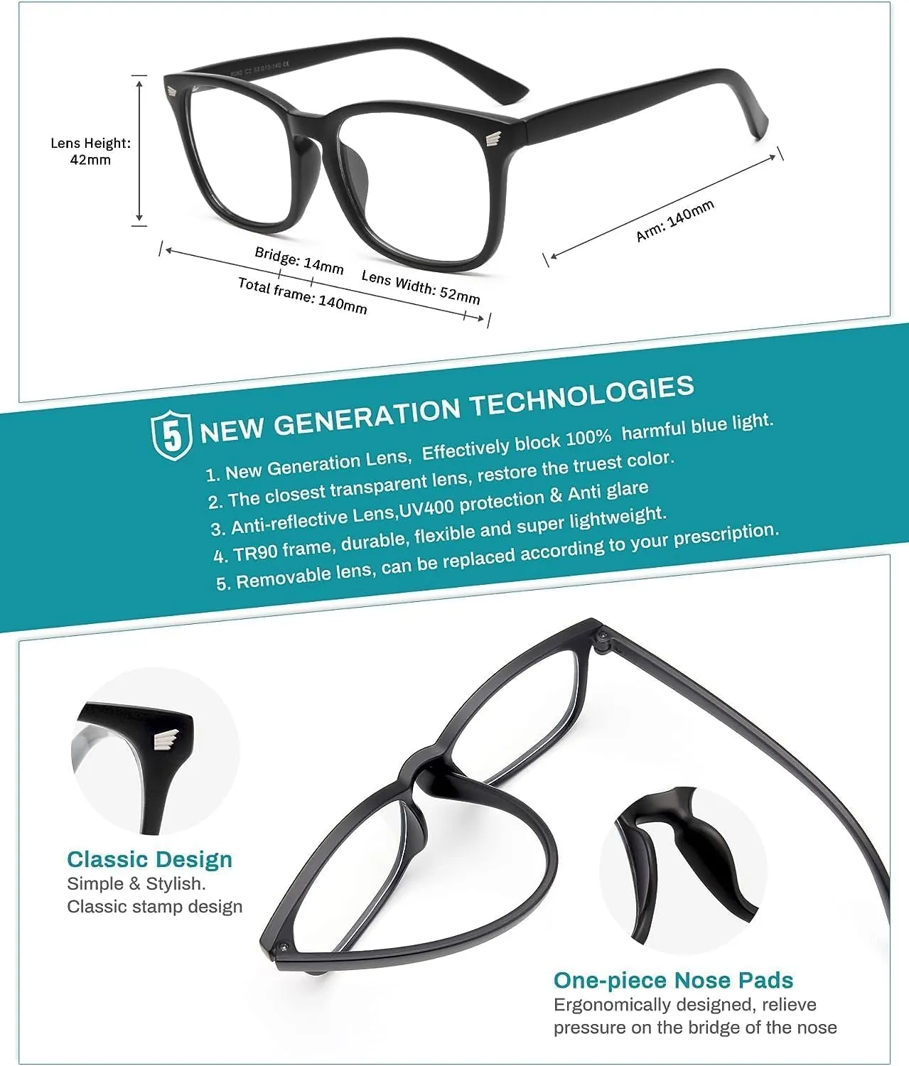 Blue Light Blocking Glasses - Fashion Square Fake Eyeglasses, Anti UV Ray Computer Gaming Glasses Blue Blockers for Women/Men